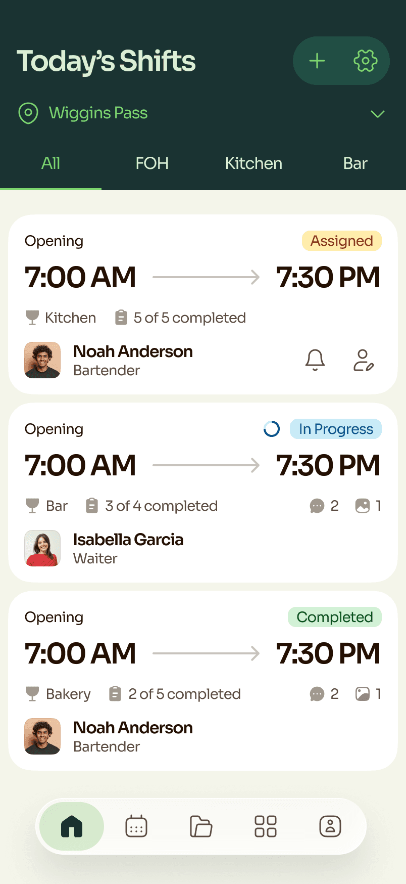Susy mobile app showing Today's Shifts